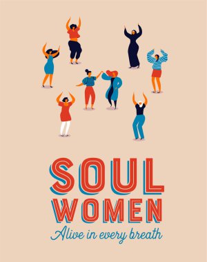 Bayan gün poster çeşitli bakım ücretsiz kadın Illustration. Retro tarzı kızlar parti kutlama için dans eğlenceli feminist geçit olay.