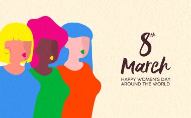 Happy Womens Day illustration for equal women rights. Colorful woman group of diverse cultures together on special event. clipart