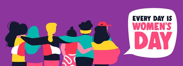 幸せな女性の日のイラストです 多様な女性の友人グループが一緒にハグします 月または等しい権利の米国女性の概念 — ストックベクタ