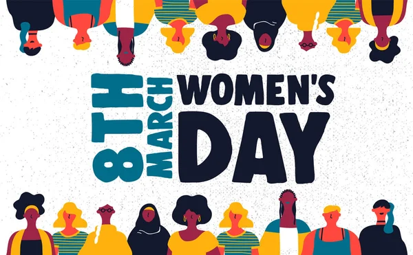 Gelukkig Womens Dag Illustratie Voor Maart Gevarieerde Kleurrijke Vrouw Groep — Stockvector