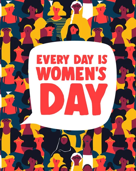 幸せな女性の日のイラストです モダンなスタイルの多様な文化の女性群衆 月または等しい権利のためのパワフルな女性概念 — ストックベクタ