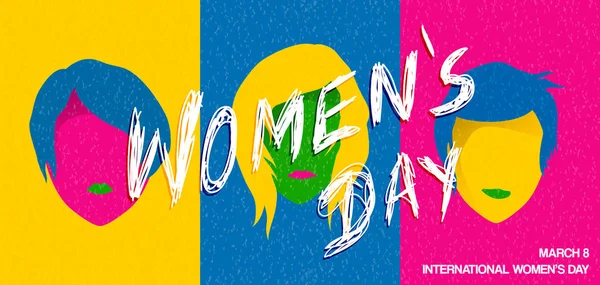 Gelukkig Womens Day Illustratie Kleurrijke Popart Stijlgroep Vrouw Voor Gelijke — Stockvector