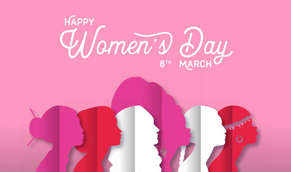 Иллюстрация веб-баннера "С женским днем". Силуэт женской группы из бумаги разных культур. Включая китайцев, арабов и африканцев, борющихся за права женщин во всем мире
. 