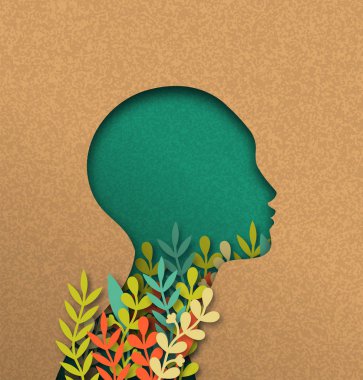 Papercut kadın kafa ile renkli kağıt yaprakları