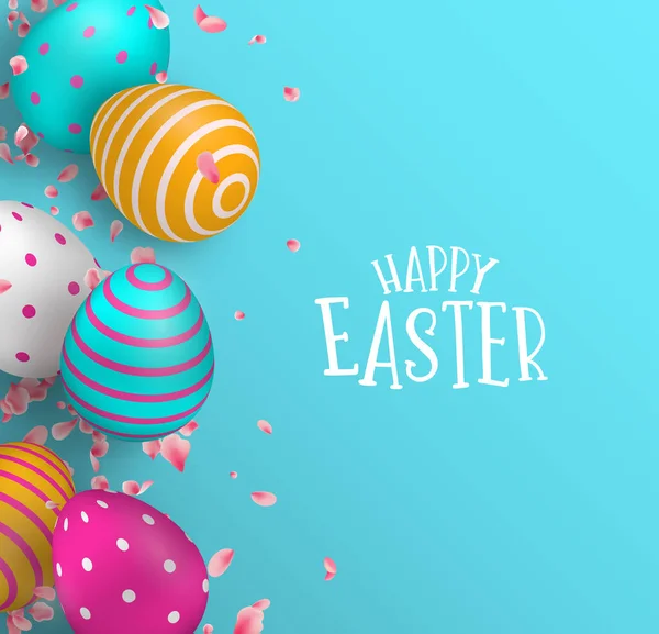 Glückliche Osterkarte mit bunten Eiern und Frühlingsblume — Stockvektor