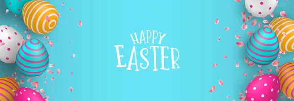 Feliz Pascua banner web de huevos y flor de primavera — Vector de stock