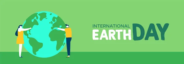 Banner web del Día de la Tierra de personas abrazando el planeta — Vector de stock