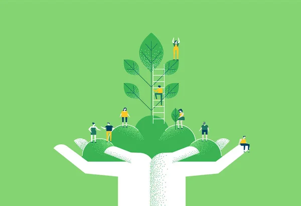 Hands with green plant and people for nature help — Stock Vector