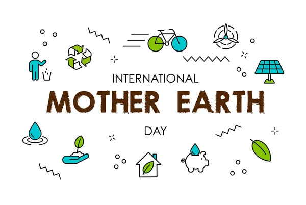 Tarjeta del Día de la Madre Tierra de iconos de línea ecológica verde — Archivo Imágenes Vectoriales