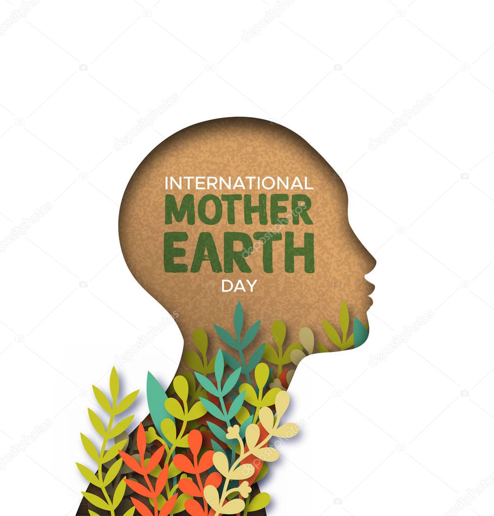 Earth Day card of papercut woman head with leaves