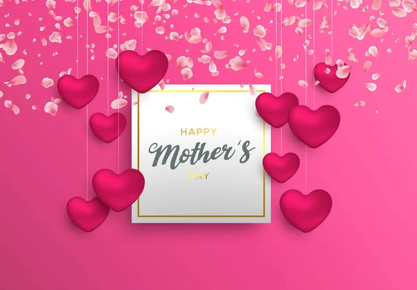 Tarjeta del Día de las Madres con corazones y pétalos rosados — Vector de stock