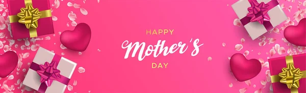 Feliz Día de las Madres bandera de los regalos y corazones de color rosa — Vector de stock