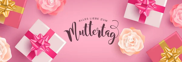 Deutsches Muttertagsbanner mit Geschenken und Blumen — Stockvektor