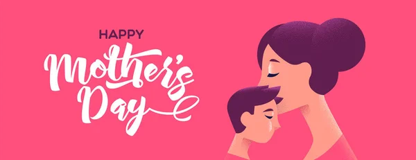 Happy Mothers Day banner of mother kissing son