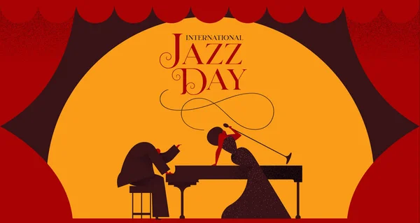 Tarjeta del Día del Jazz de la cantante y pianista — Vector de stock