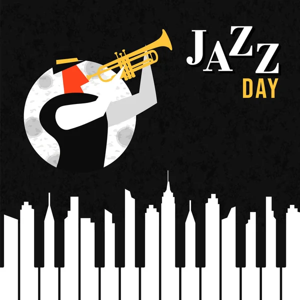 Cartel del Día del Jazz de la ciudad clave del piano por la noche — Vector de stock