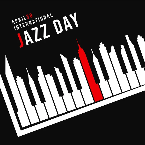 Jazz Day poster di pianoforte come edifici della città — Vettoriale Stock