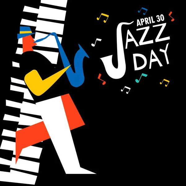 Jazz Day tarjeta de saxofonista en concierto — Vector de stock
