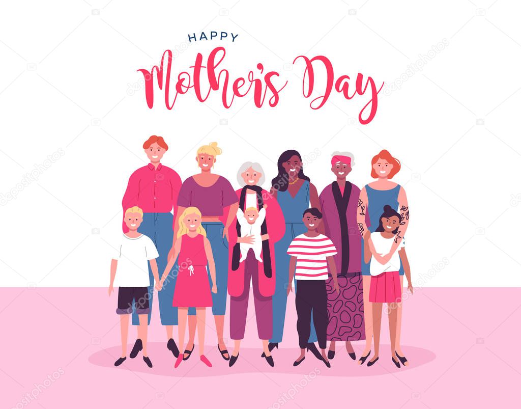 Mothers Day card of diverse mom and kid group