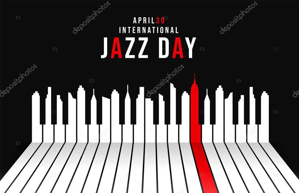 Jazz Day poster of piano keys as city skyline