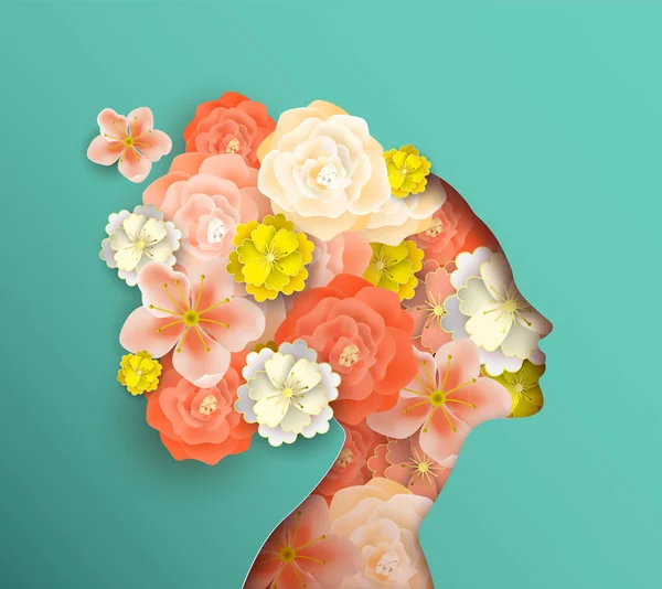 Cabeça de mulher de corte de papel com flores de primavera — Vetor de Stock