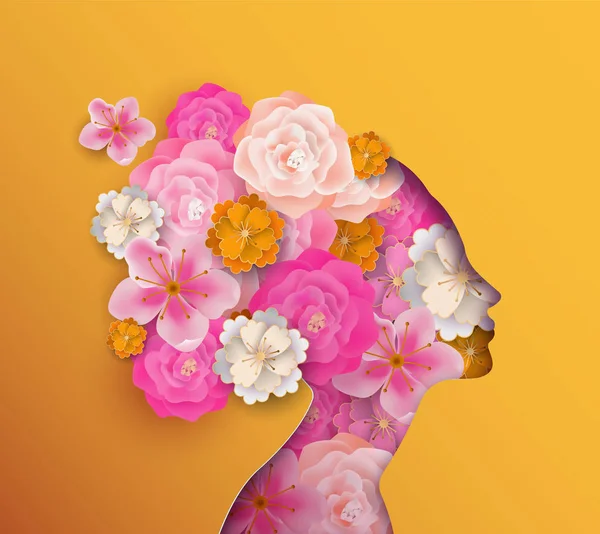 Papiergeschnittene Frau mit rosa Frühlingsblumen — Stockvektor