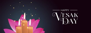 Vesak Günü mum ve pembe nilüfer çiçeği afişi