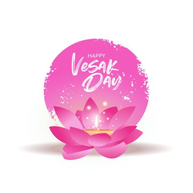 Pembe lotus çiçek ve mum Vesak Günü kartı
