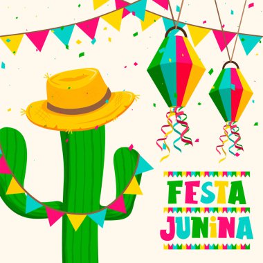 Kaktüs ve şapka Festa Junina tebrik kartı
