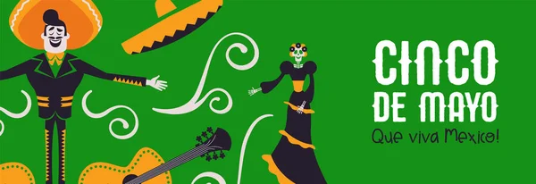 Feliz bandera del Cinco de Mayo de mariachi y catrina — Vector de stock