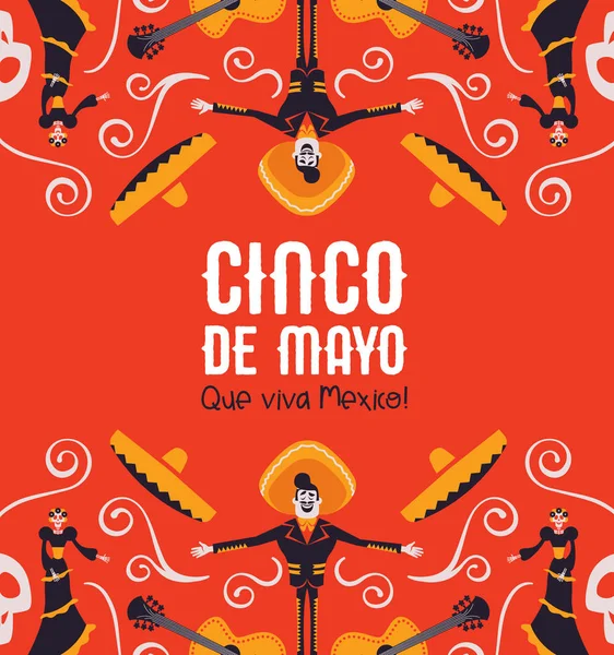 Meksika mariachi ve catrina Cinco de Mayo kartı — Stok Vektör