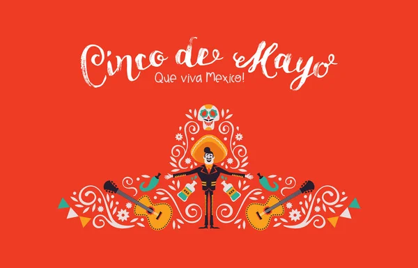 Cinco de Mayo kort av Mariachi hatt och dekoration — Stock vektor