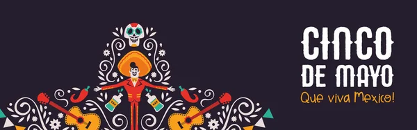 Cinco de Mayo Mariachi hatt banner av kulturen ikoner — Stock vektor