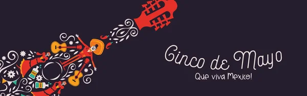 Cinco de Mayo banner de guitarra de ícones de cultura — Vetor de Stock