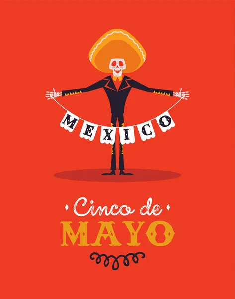 Felice carta Cinco de Mayo di scheletro mariachi — Vettoriale Stock