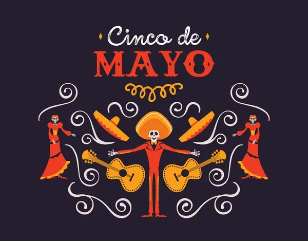 Cinco de mayo karte der toten mariachi und catrina — Stockvektor