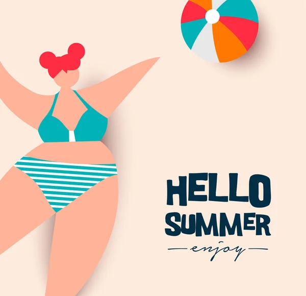 Hola tarjeta de verano de niña jugando deporte de playa — Vector de stock