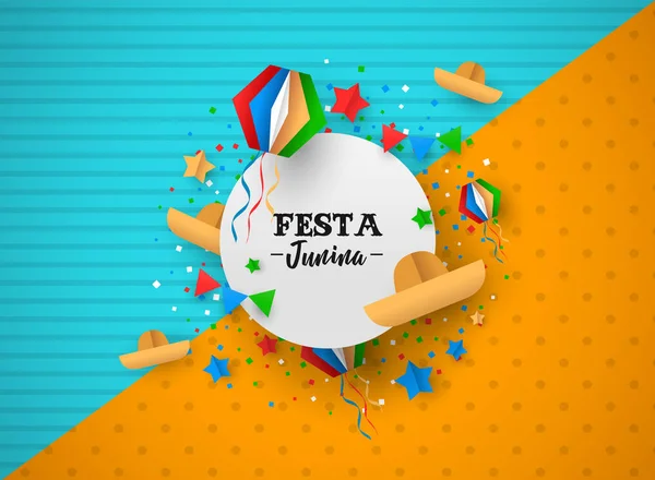 Festa Junina tarjeta de felicitación de arte de papel signo de texto — Vector de stock