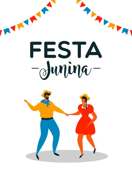 Festa Junina ευχετήρια κάρτα ζευγάρι χορεύοντας — Διανυσματικό Αρχείο