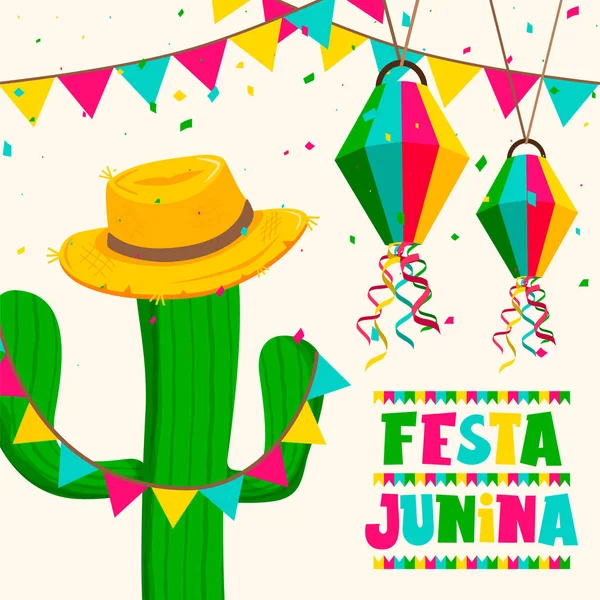 Festa Junina kartki z kaktusów i kapelusza — Wektor stockowy