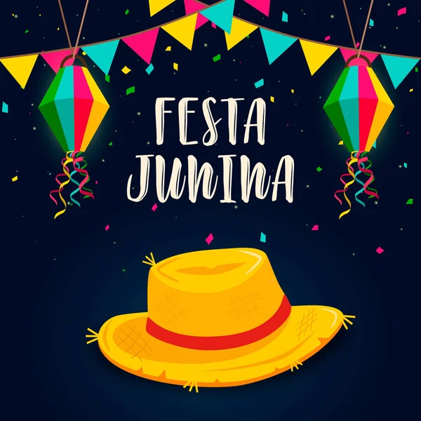 Festa Junina tarjeta de sombrero de paja para el evento brasileño — Vector de stock
