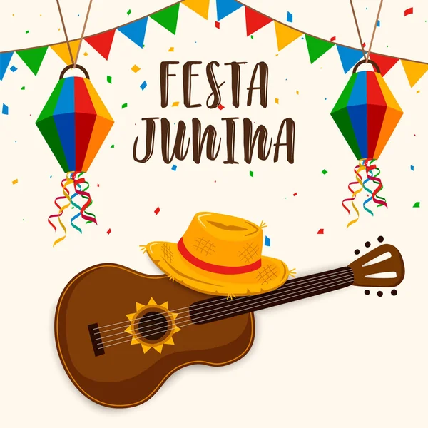 Festa Junina ευχετήρια κάρτα κιθάρα και καπέλο — Διανυσματικό Αρχείο