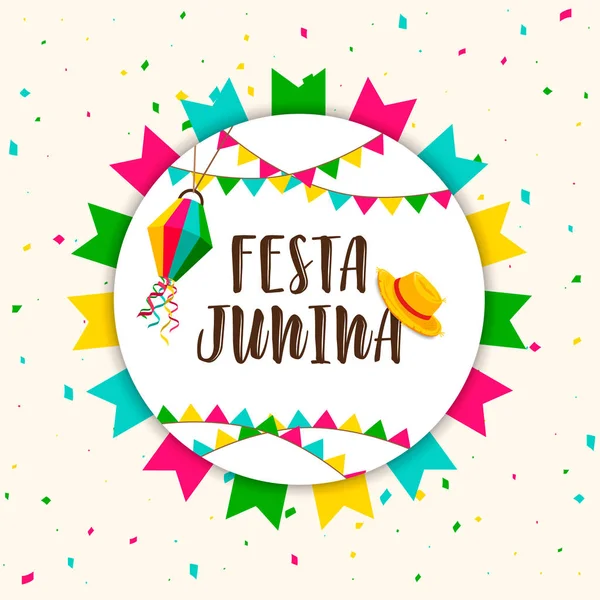 Festa Junina κάρτα πολύχρωμο καρναβάλι σημαίες — Διανυσματικό Αρχείο