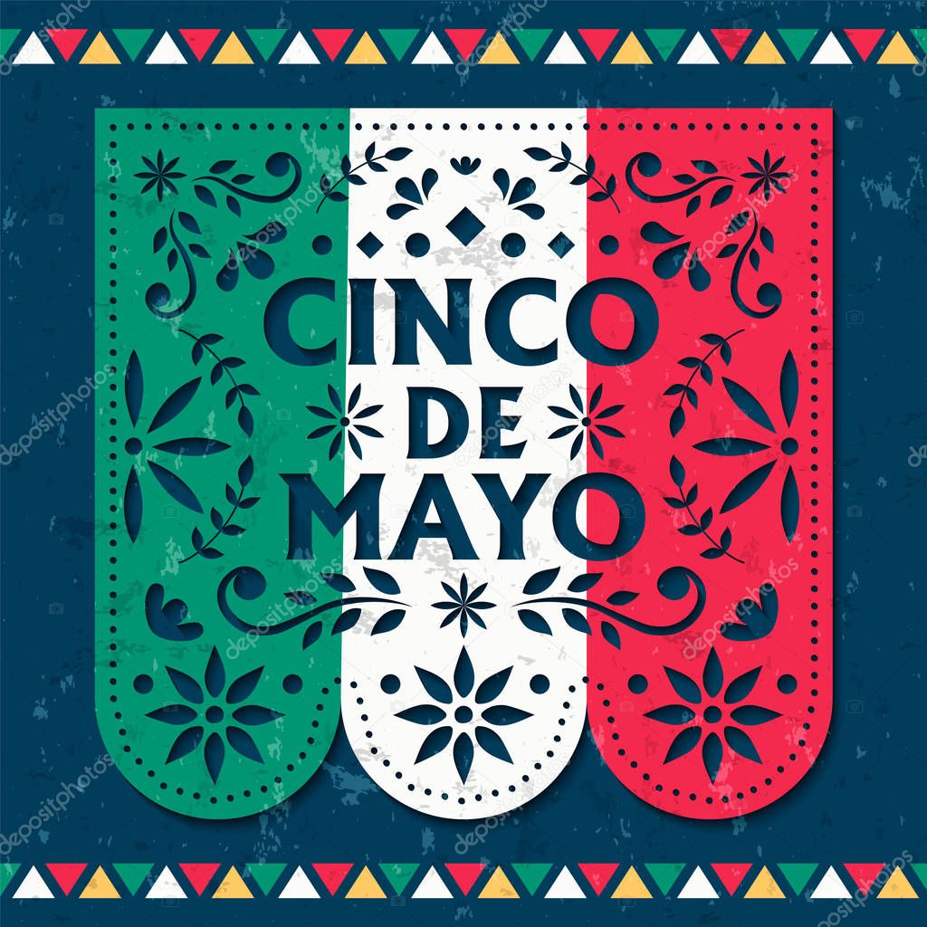 Happy Cinco de Mayo card of mexican paper cut flag