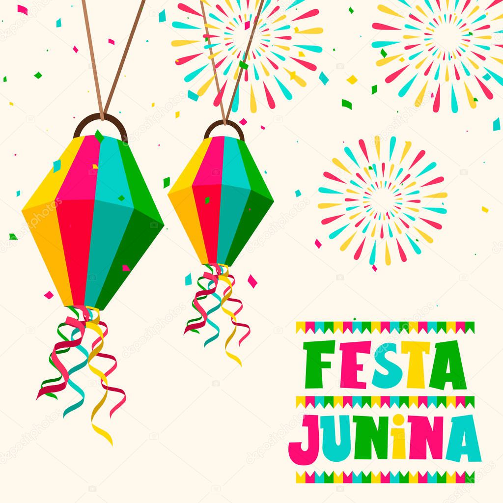 Festa Junina party card of balloons and fireworks