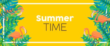 Flamingo ve bitkilerin tropikal yaz saati afiş