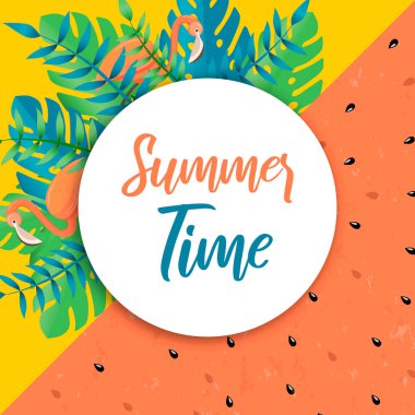 Tropikal bitki ve flamingo yaz saati kartı