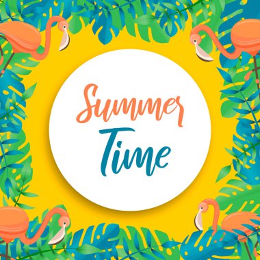 Flamingo ve bitkilerin tropikal yaz saati kartı