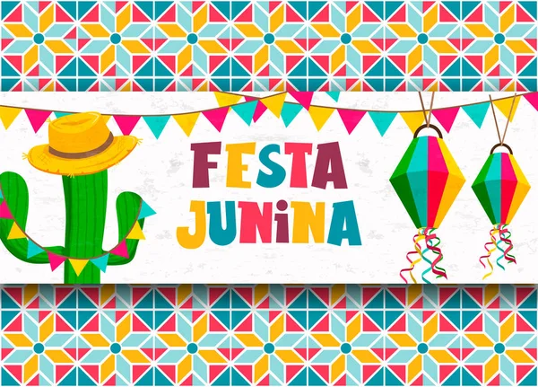 Kaktüs ve şapka Festa Junina tebrik kartı — Stok Vektör