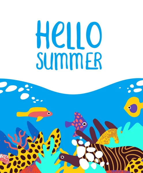 Ciao Summer card of tropical coral reef fish art — Vettoriale Stock